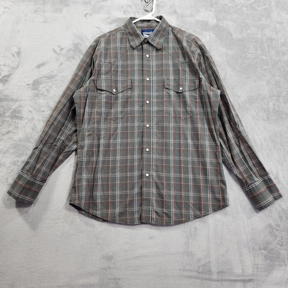 Wrangler Shirt Mens L Gray Plaid Western Pearl Snap Long Sleeve Workwear Ranch